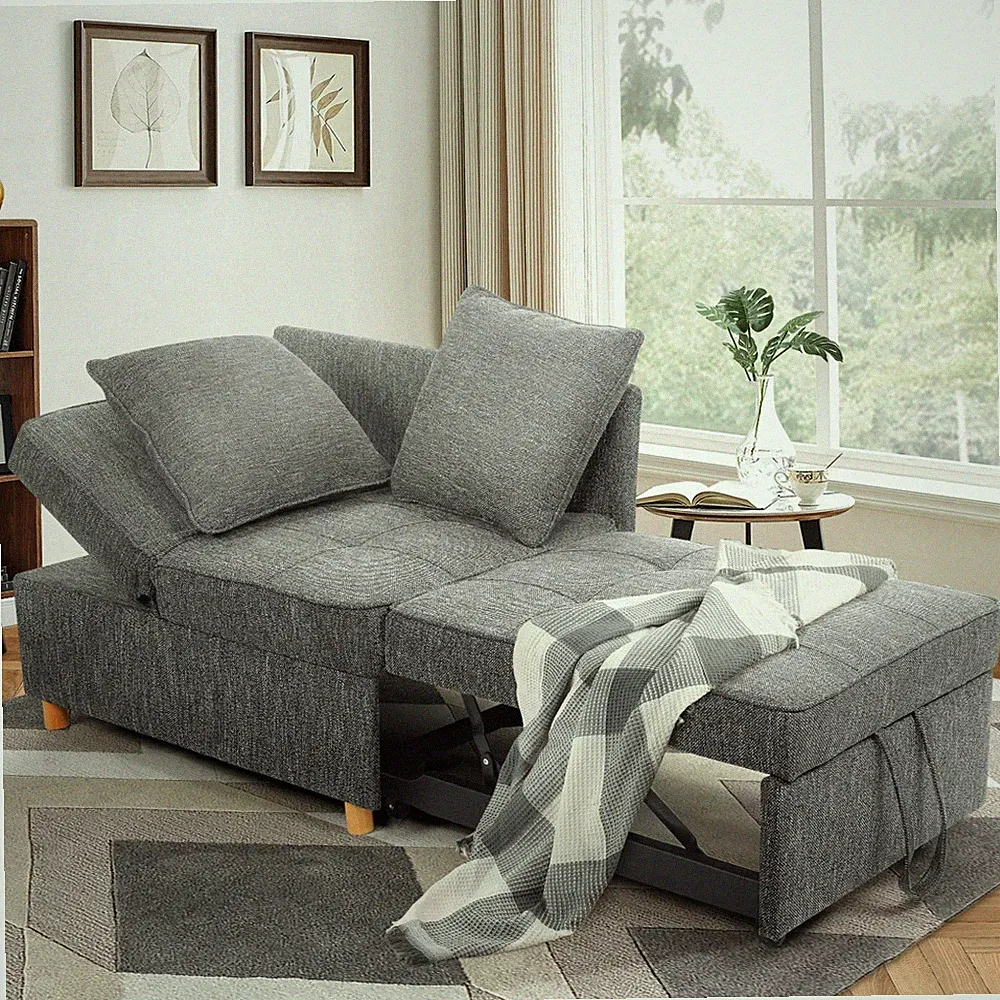 4-in-1 Sofa Bed Chair Convertible Chair Linen Fabric loveseat 2 Throw Pillows@