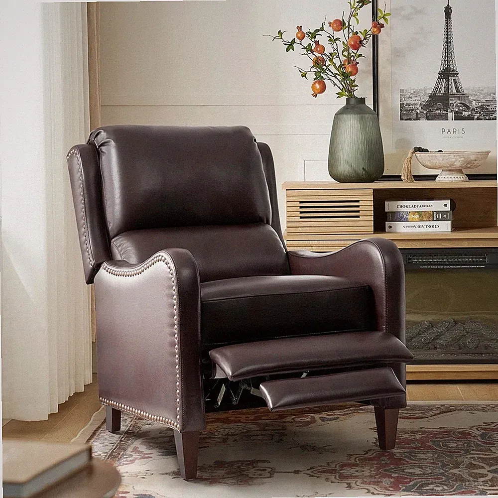 Brown Espresso Top Grain Leather Wingback Pushback Recliner Club Chair Armchair