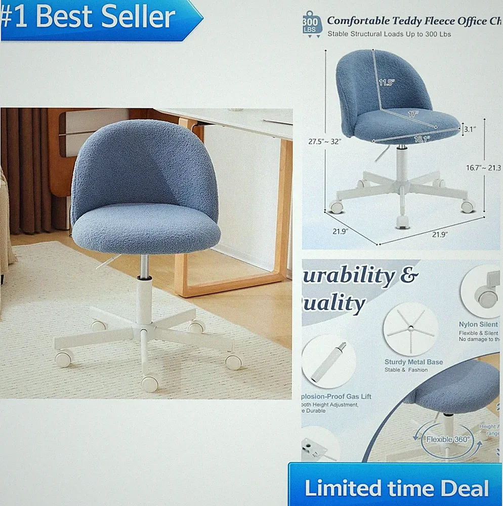 Cute Small Desk Chair Armless Teddy Fleece Adjustable Height Swivel Rolling