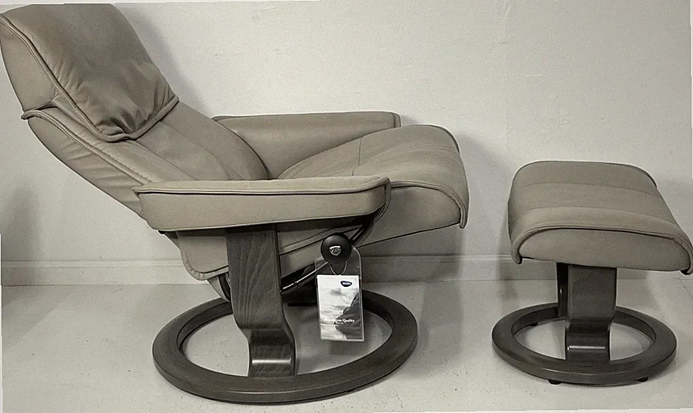 Ekornes Stressless Large "Admiral" Gray Leather Swivel Recliner Chair & Ottoman