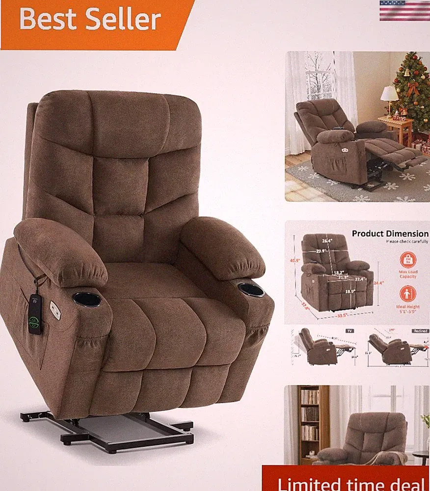 Elegant Power Lift Recliner Chair for Seniors with Extended Footrest - Brown...