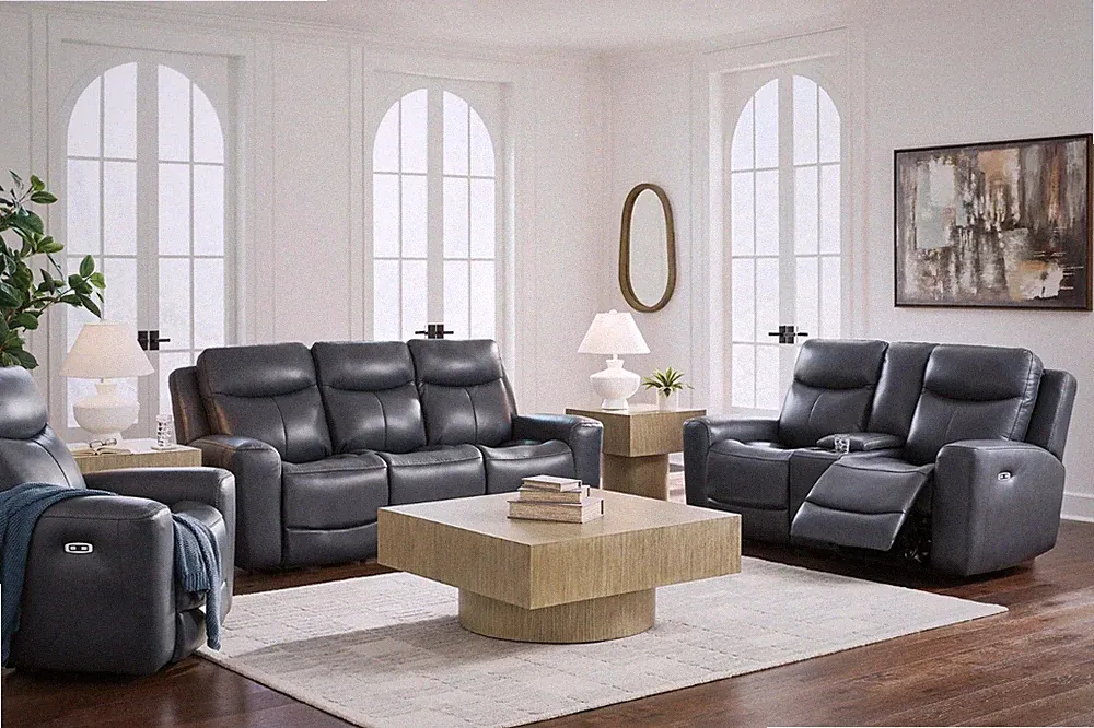 GENUINE Top-Grain Leather Power Recliner & Headrest 3PC Sofa Set Gray Blue
