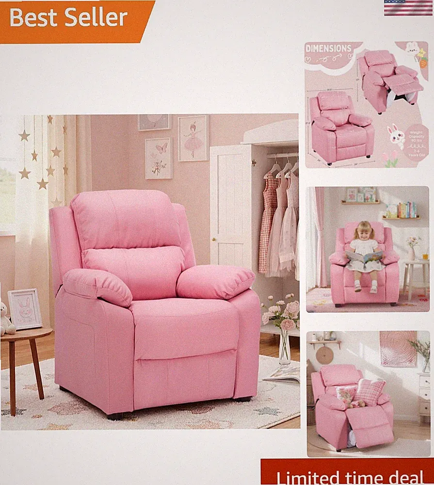 Macaron Kids Reclining Chair Leather Recliner Sofa Push Back Toddler Youth Ch...