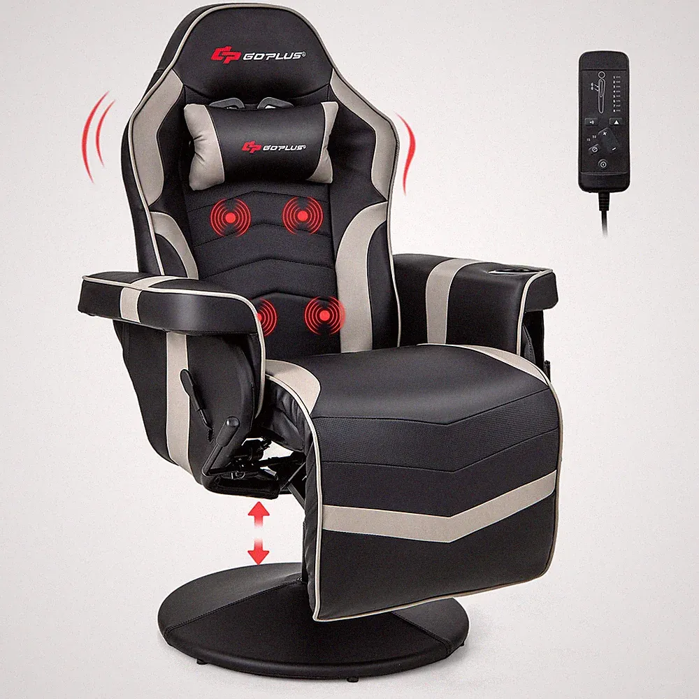 Massage Gaming Recliner Height Adjustable Racing Swivel Chair with Cup Holder