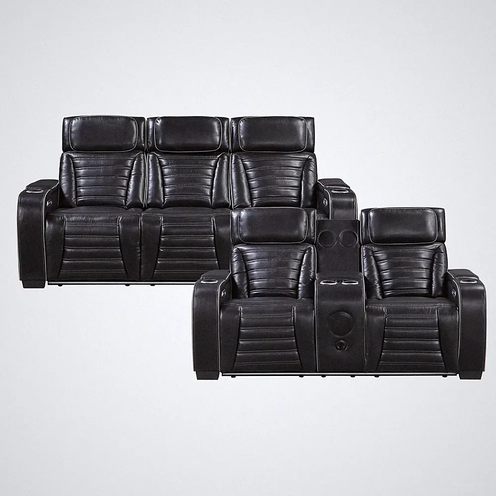 MASSAGE HEATED 2 PC BLACK TOP LEATHER POWER RECLINING SOFA LOVESEAT FURNITURE