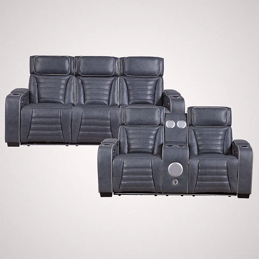 MASSAGE HEATED 2 PC BLUE TOP LEATHER POWER RECLINING SOFA LOVESEAT FURNITURE SET