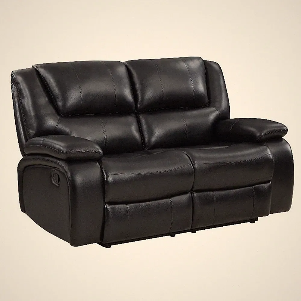 Mila Manual Recliner Loveseat- Black Faux Leather- Pillow Top Arms- 62 Inch