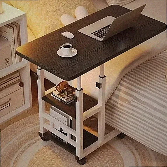 Mobile Laptop Desk with Wheels - Adjustable Height, Dual Shelves for Bedside/Dor