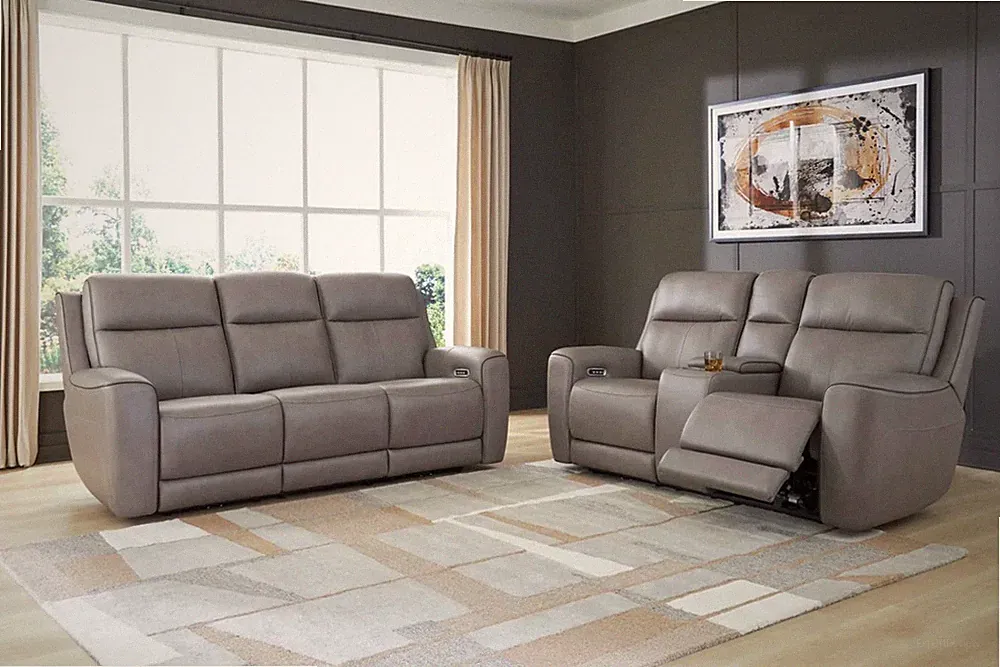 NEW Top-Grain Leather 2PC Power Recliner Sofa Set Heat Massage Adj Headrest Gray