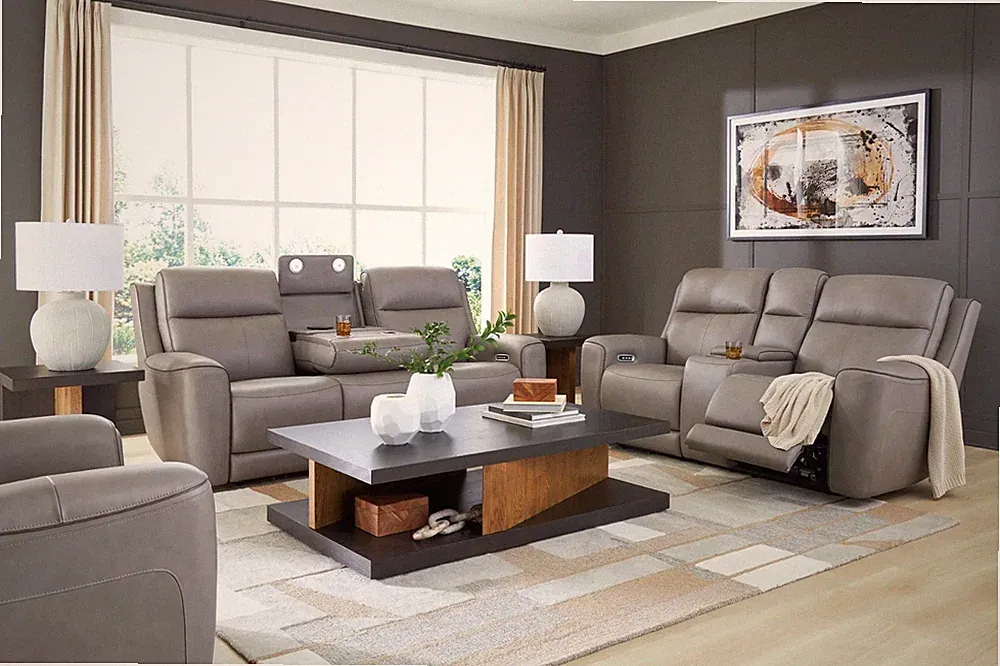 NEW Top-Grain Leather 3PC Power Recliner Sofa Set Heat Massage Adj Headrest Gray