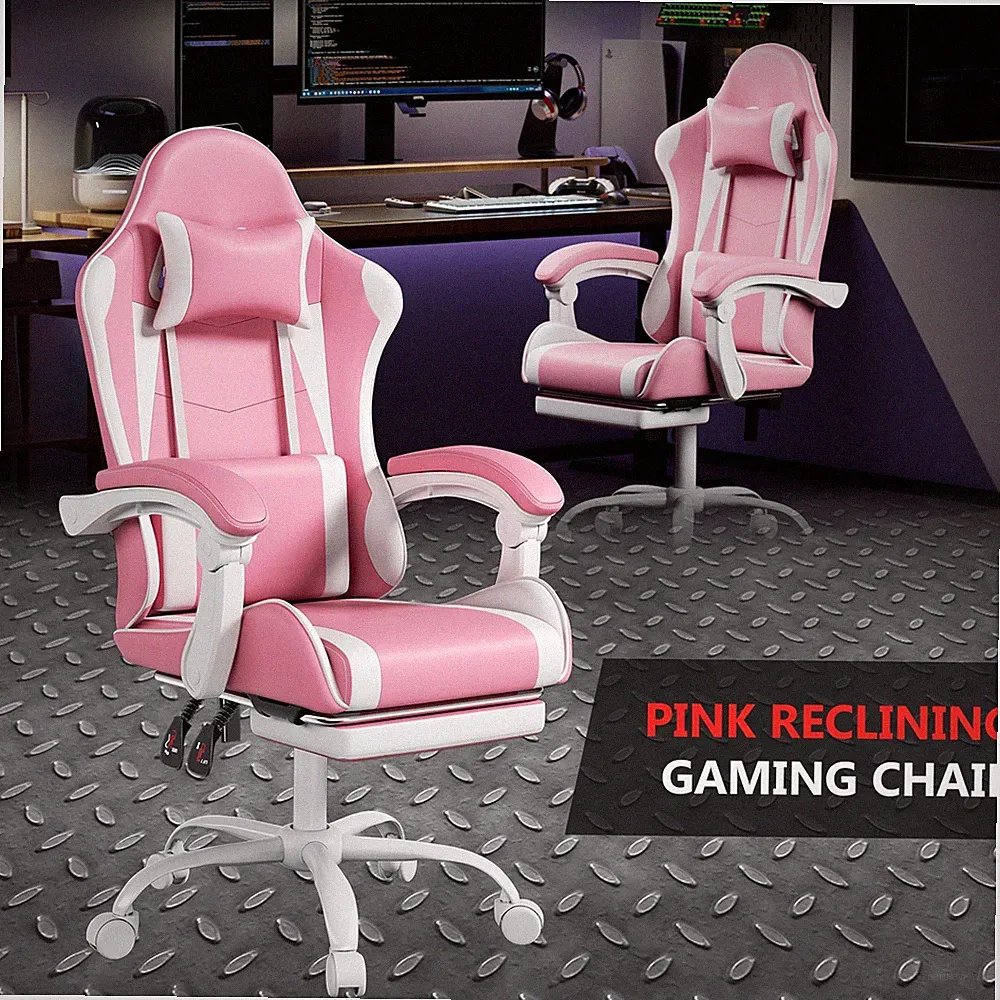 Office Swivel Reclining Height Adjustable Gaming Computer Chair w/Footrest Pink