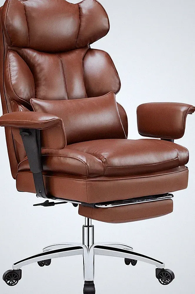 Reclining Brown Executive Desk Chair - Ergonomic, Lumbar Support & Footrest