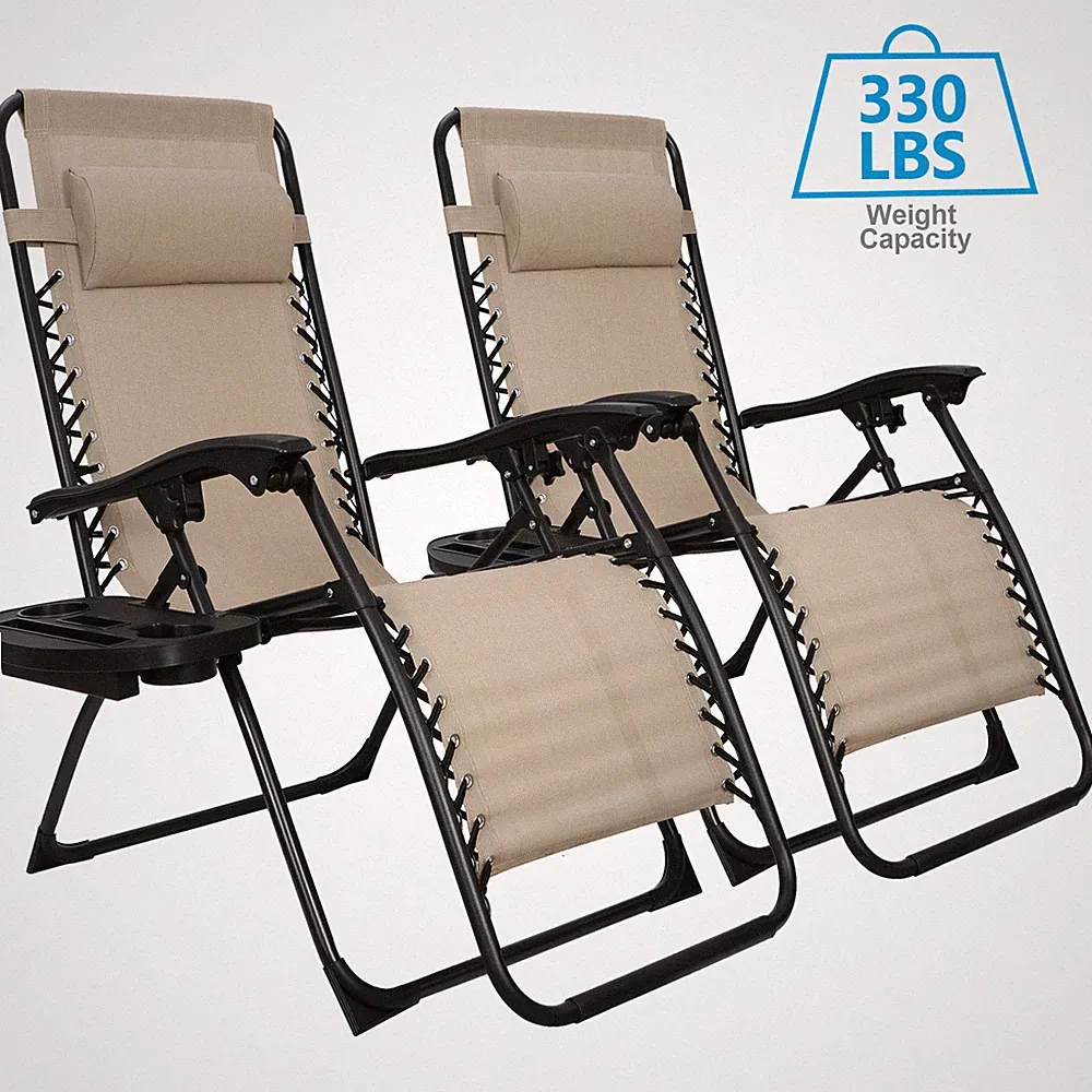 Set of 2 Zero Gravity Chairs Folding Lawn Chair Lounge Recliners with Cup Holder
